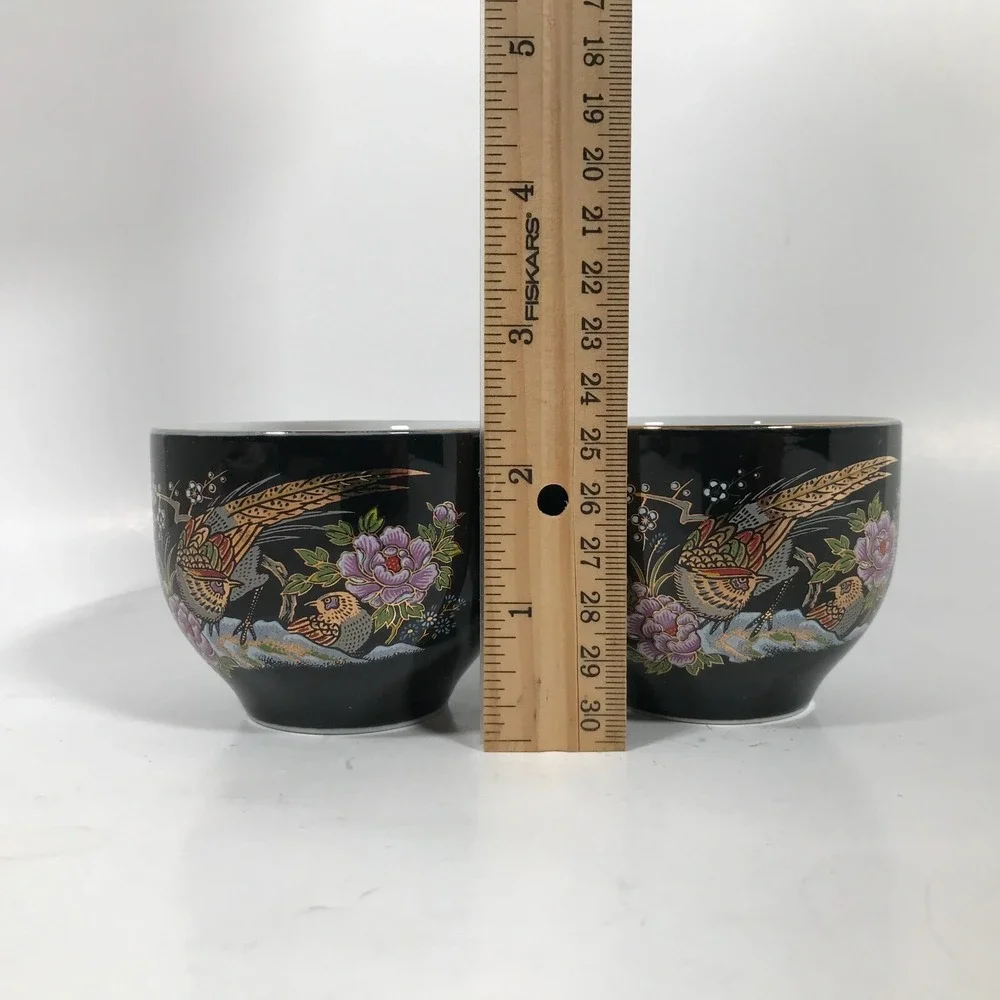Vintage Japanese Black Ceramic Pheasant Tea Cup Set Floral Gold Trim 2pc
